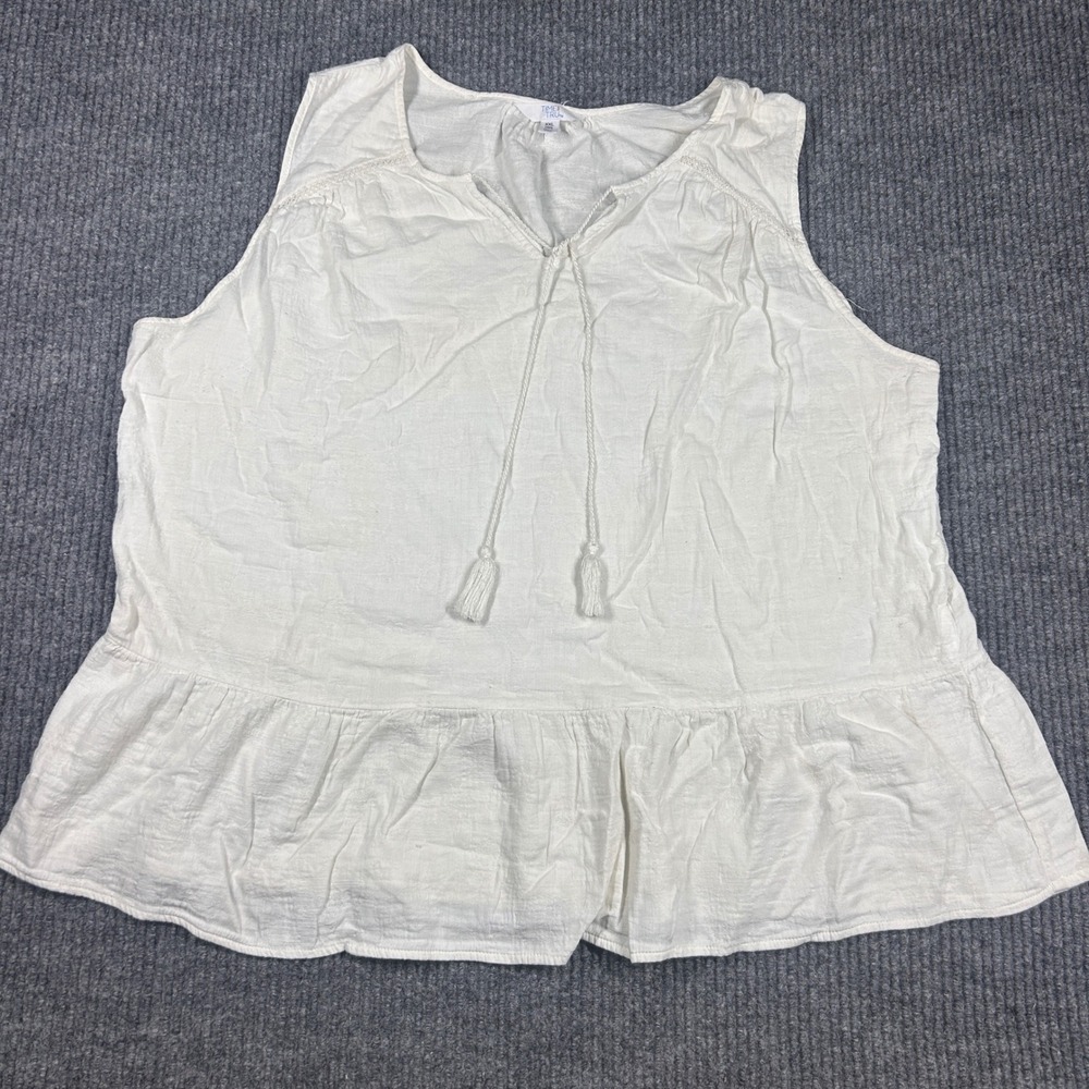 Time and Tru Tank Top Womens XXL White Sleeveless Peplum Blouse Tie Neck Boho